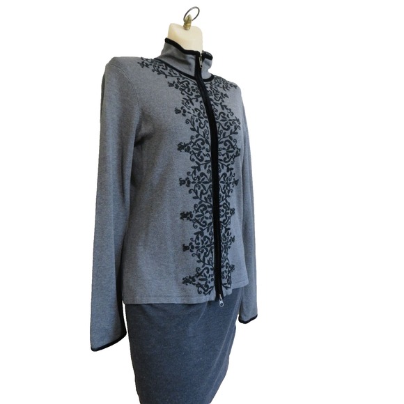 CAbi Style 720 Grey Black Embroidered Cardigan Zip Front Sweater Women's M - Picture 5 of 7